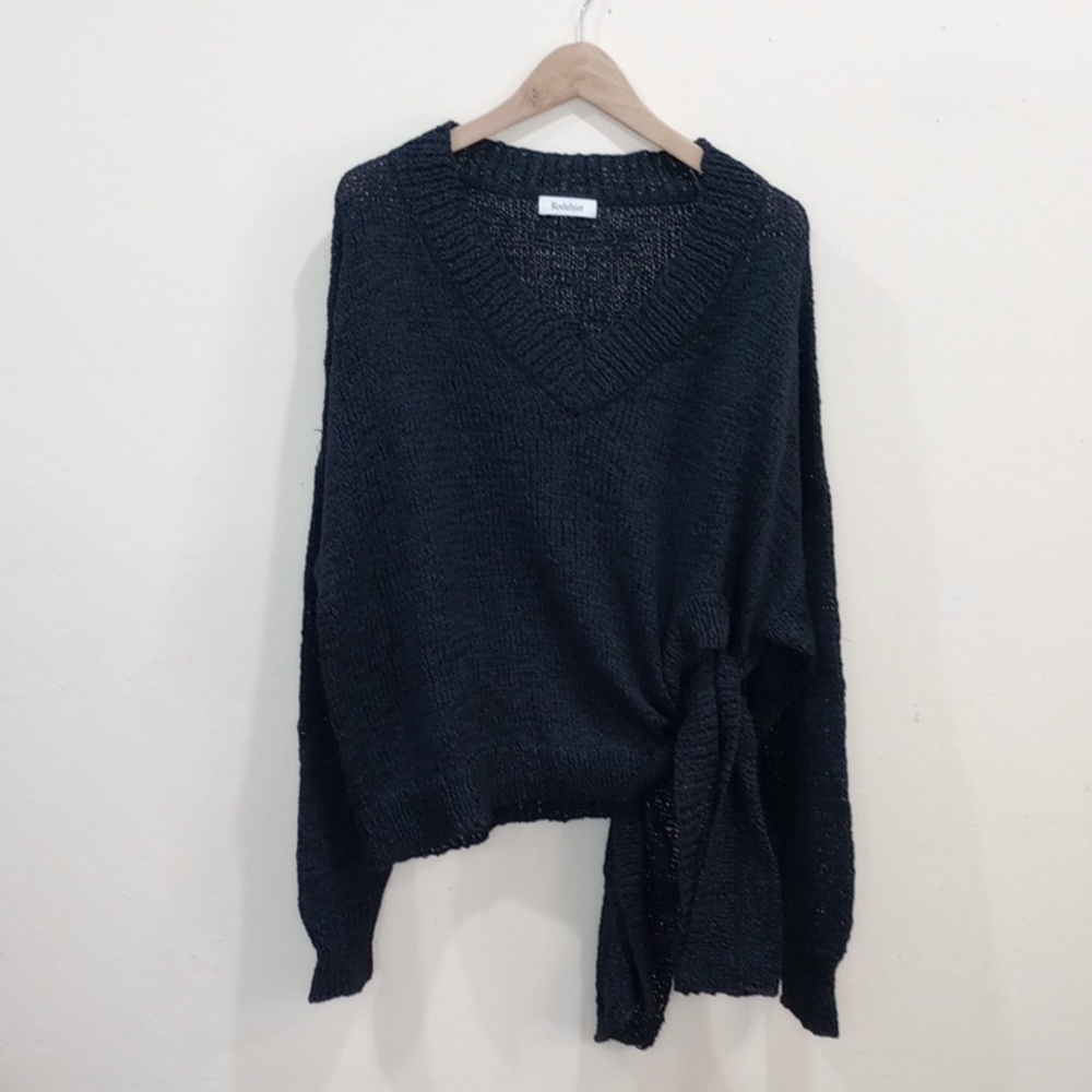 Rodebjer Anisah Blue Tape Yarn Oversize Open Weave Side Tie Sweater, Size XL - Picture 3 of 16